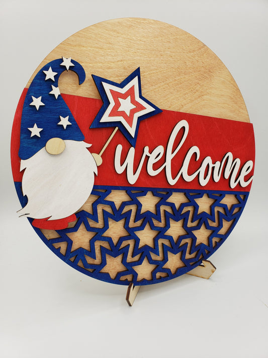PAINTED - Patriotic Gnome Welcome Sign
