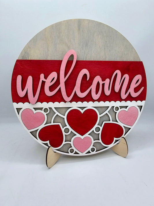 PAINTED - Welcome Hearts Round Sign