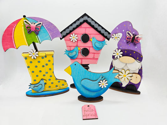 PAINTED - Rainboots, Birdhouse, Bird & Gnome Sitter Set