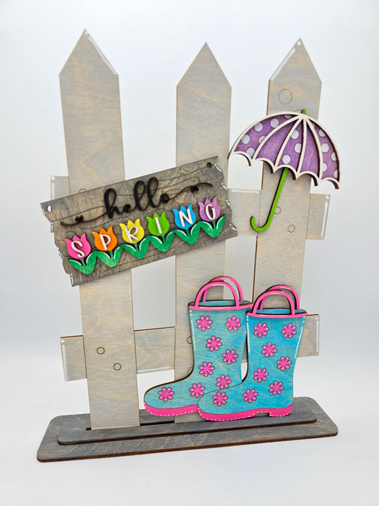 PAINTED - Hello Spring Rainboots Fence