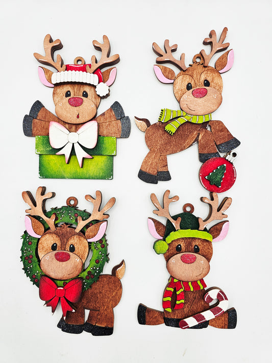 PAINTED - Christmas Reindeer Ornaments x4